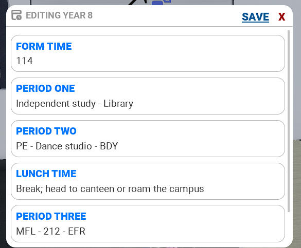 Admin panel of a timetable UI that updates to specific year groups in real time.