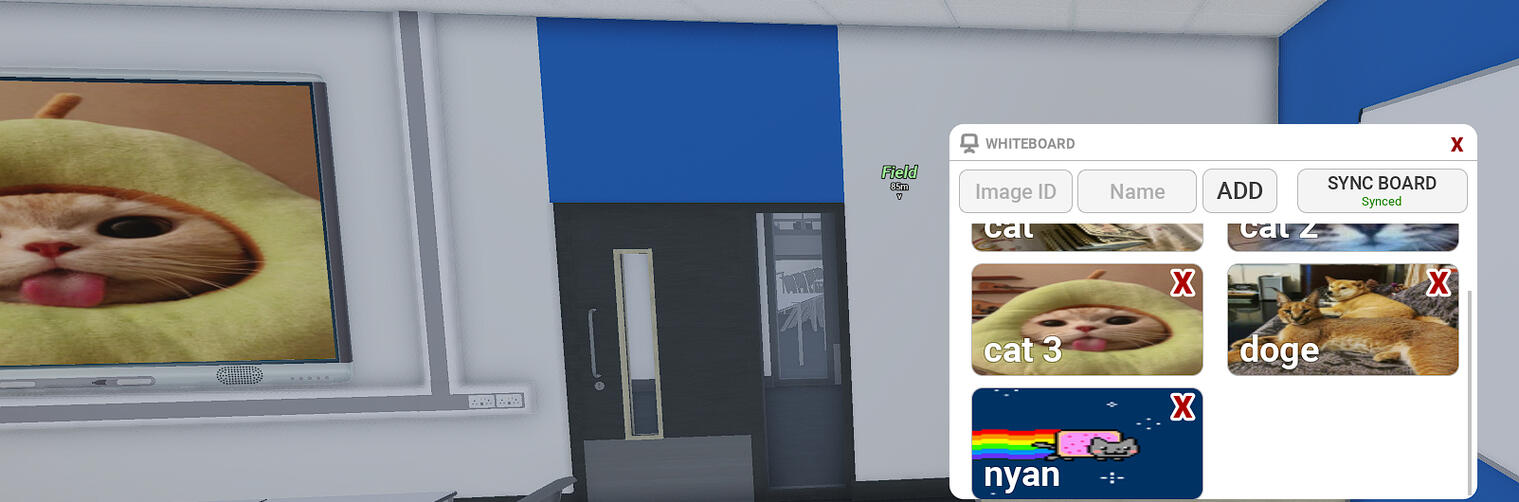 Whiteboard system where teachers can sync to any whiteboard in the game and display images that save between sessions