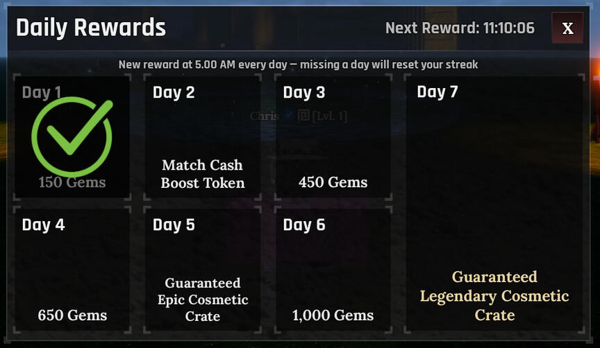 Daily rewards UI that updates every day at 5AM GMT in your timezone with a streak system; also integrates with TopBar Plus
